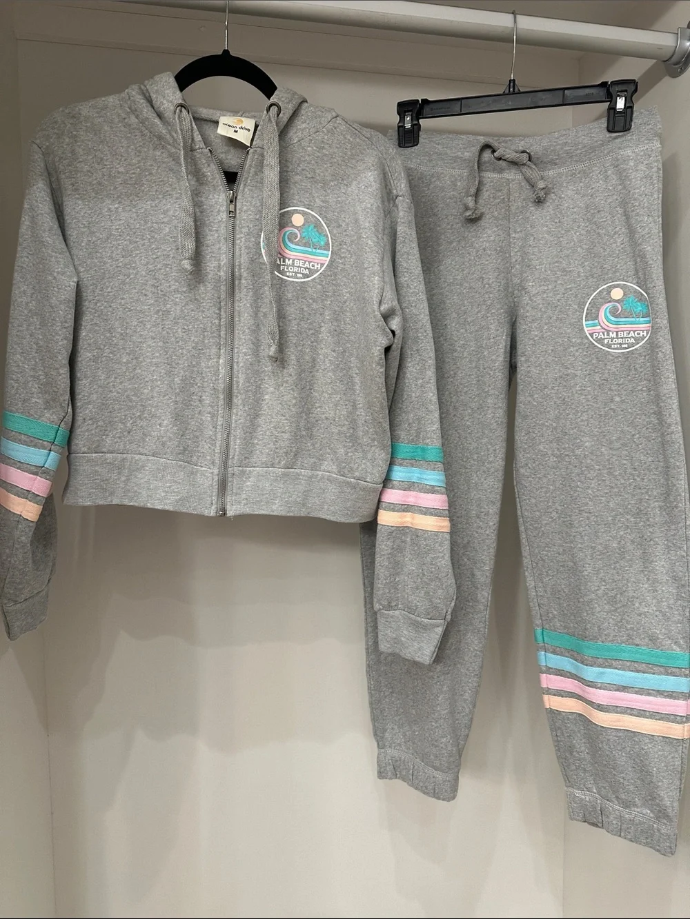 Ocean Drive medium Palm Beach Gray Zip Hoodie & Jogger Set with Pastel Strip
